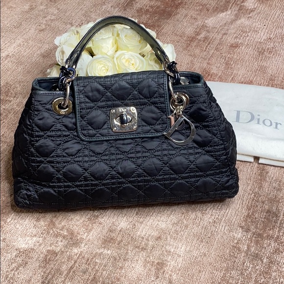 Dior Bags Christian Dior Nylon Leather Quilted Black Bag Top Handle